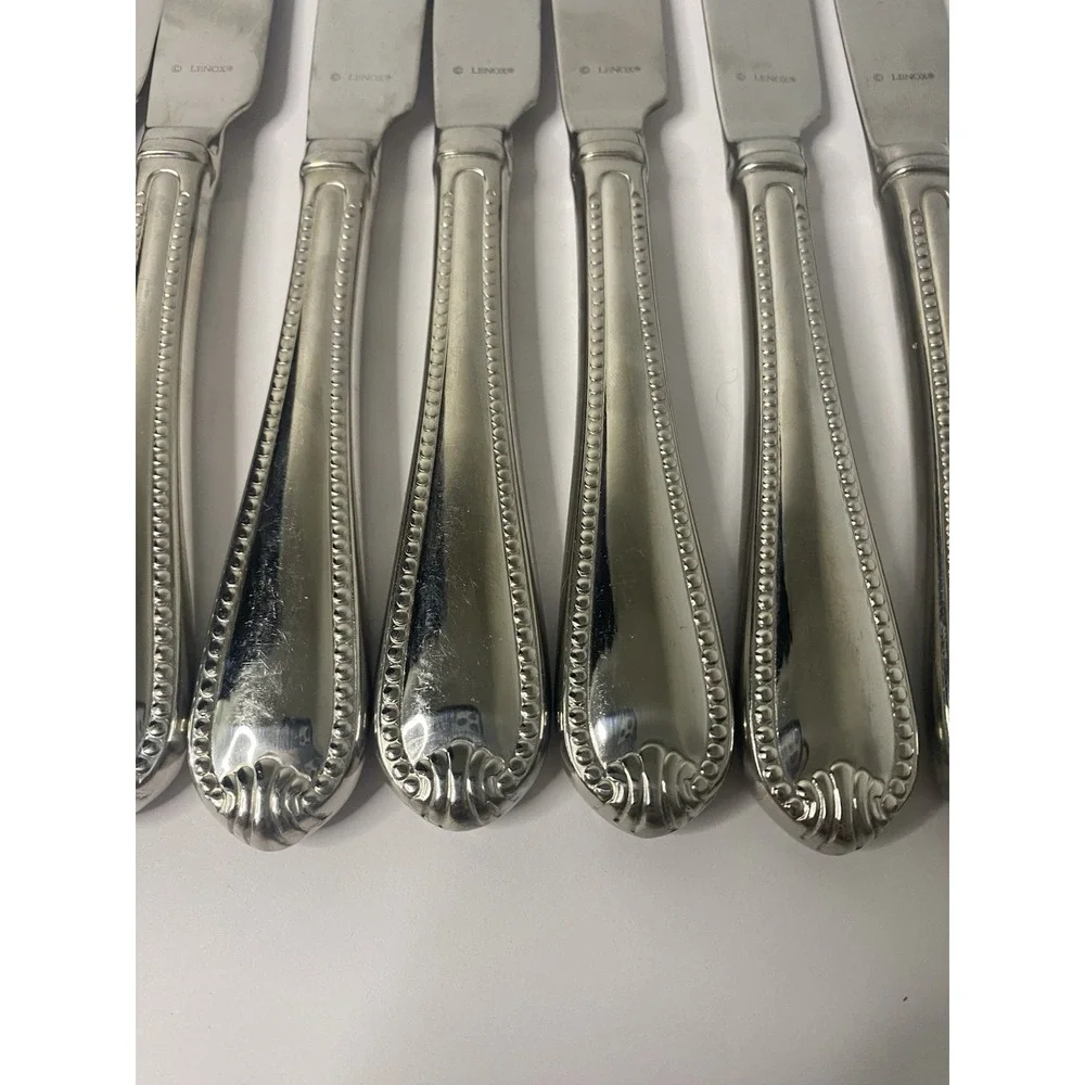 8 Dinner Knives Hollow Lenox BEAD Glossy Plume Tip Stainless 9 1/4